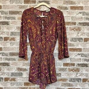 Show Me Your Mumu Paisley Print Boho Romper‎ Long Sleeve Purple Gold XS